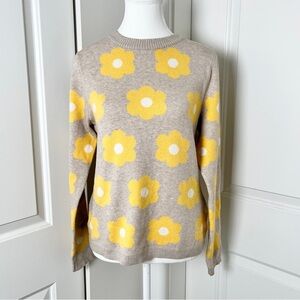 Cynthia Rowley Yellow Poppy Floral Sweater – Greige Crewneck Pullover, Medium